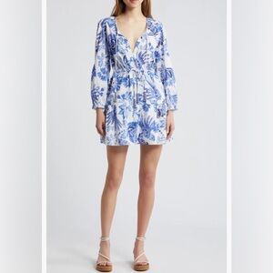 NWT $210 FARM Rio Flowerful Birds Print Long Sleeve Cotton Minidress in Small!